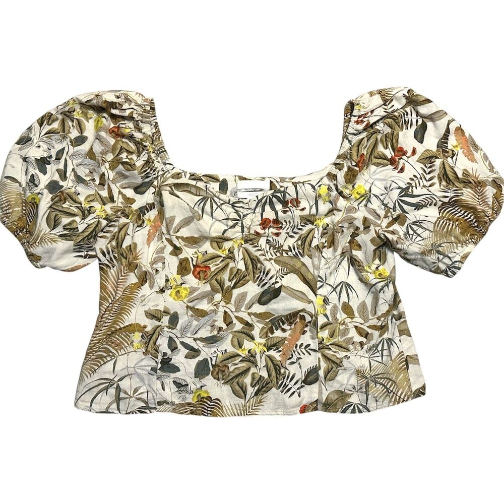 H&M Linen Blend Puff Sleeve Top Size Medium Nature Print Ruched Milkmaid